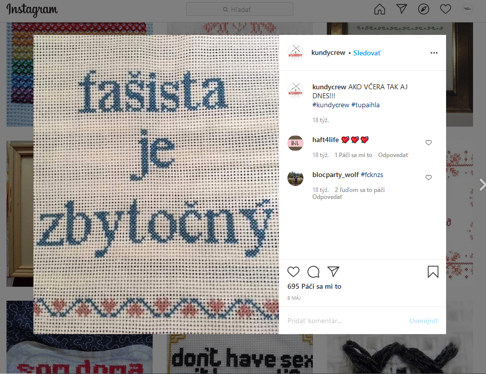 Obr. 4: Výšivka "fašista je zbytočný" od Cundy crew