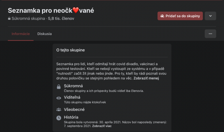 Obr. 2: Najväčšia česká FB zoznamka pre neočkovaných. Zdroj: https://www.facebook.com/groups/1185007181935763/about/